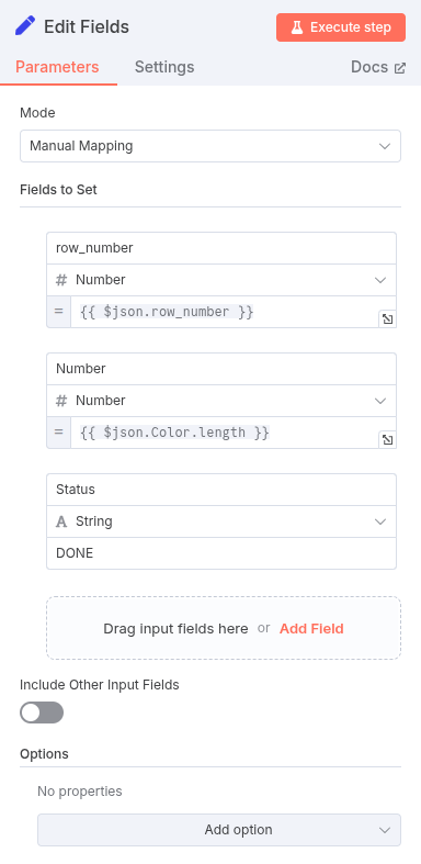 A screenshot of the n8n Set node’s configuration, showing the expression to get the row_number and the expression to calculate the length of the Color string, along with the Status value being set to DONE.