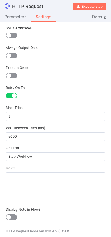 The default retry settings in an n8n node’s “Settings” tab, showing options for “Maximum Tries” and “Delay Between Tries.”