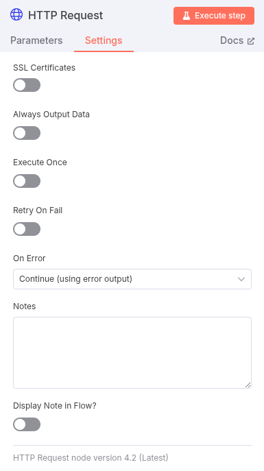 The “Settings” tab of an HTTP Request node with the “On Error” dropdown set to Continue (using error output).