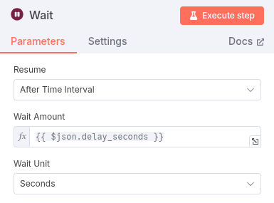 The Wait node with “Wait Amount” set to {{$json.delay_seconds}} and “Wait Unit” set to “Seconds.”