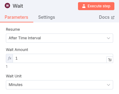 An n8n Wait node configuration showing a wait amount of 1 and a unit of Minutes.