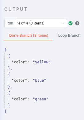 A screenshot of the n8n Loop node’s Done Branch showing three output items, each representing one of the colors (yellow, blue, and green).