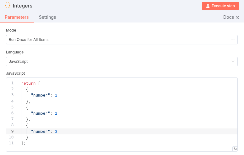 A screenshot of an n8n Code node, configured to return a list of three numbers: 1, 2, and 3.