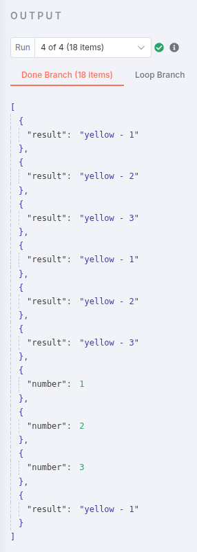 A screenshot of the output of the nested loop workflow, showing an unexpected number of items (18) and incorrect data in the outer loop’s Done Branch.