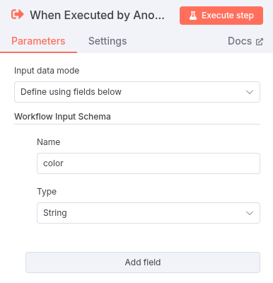 A screenshot of the Execute Sub-workflow Trigger node’s parameters, showing the ‘color’ parameter being defined.