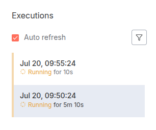 A screenshot of the n8n execution list showing two concurrent executions of the same workflow.
