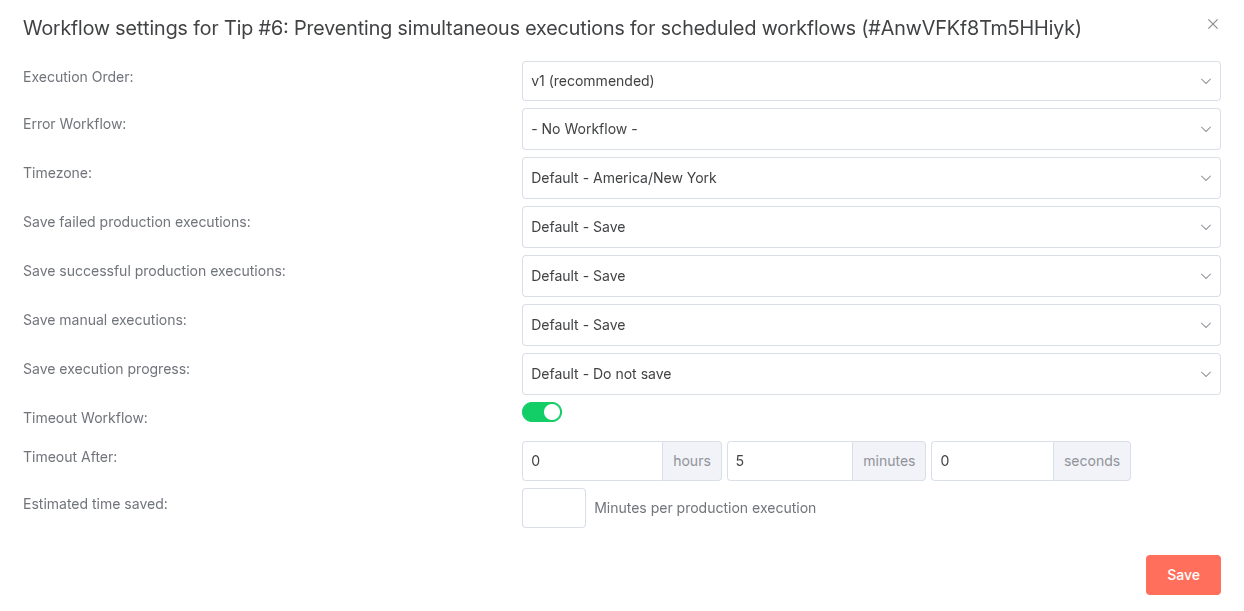 A screenshot of the workflow settings in n8n, showing the ‘Workflow Timeout’ option set to 5 minutes.