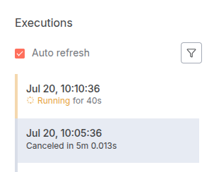 A screenshot of the n8n execution list showing one workflow execution cancelled due to timeout and a new one started after it.