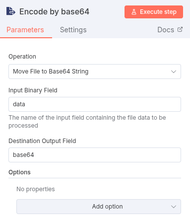 The Extract From File node with the “Move File to Base64 String” operation selected, converting the binary data into a Base64 encoded string.