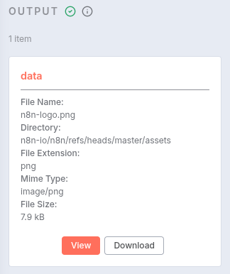 Output of the HTTP Request node, showing the n8n logo as raw binary data.