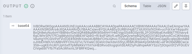 The output of the Extract From File node, showing the binary data successfully converted into a Base64 encoded string.