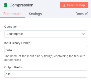The n8n workflow showing a Compression node configured to unzip the downloaded file, resulting in a collection of multiple binary files.