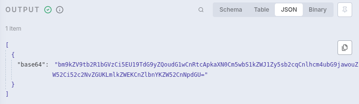 Output of the Extract From File node, showing that only one of the binary files was converted to a Base64 string, while the others remain unchanged.