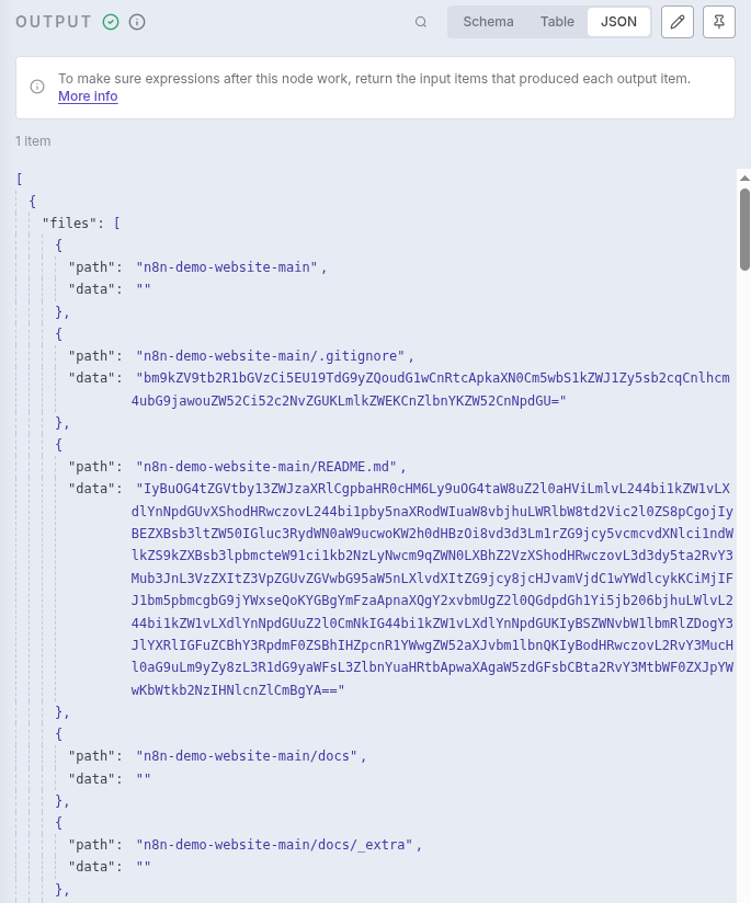 The final output of the Code node, showing an array of objects. Each object contains a path and a data attribute, with the data attribute holding the correctly Base64-encoded content for each file.