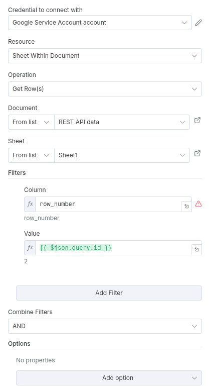 The Google Sheets node configuration for “Get Row” using the path parameter expression.