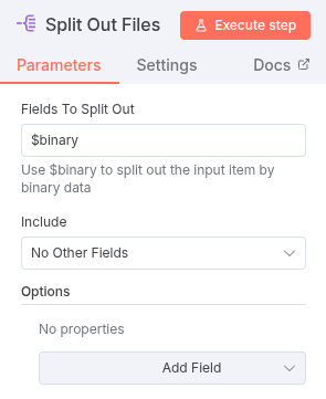 Screenshot of the Split Out node configuration, showing the ‘Field’ parameter set to the value ‘$binary’ to separate binary items.