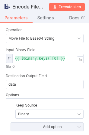 Screenshot of the Extract From File node settings. The ‘Operation’ is set to ‘Move File to Base64 String’, the ‘Input Binary Field’ uses the dynamic expression {{ $binary.keys()[0] }} to target the single binary file, and ‘Keep Source’ - ‘Binary’ is enabled.