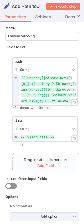 Screenshot of the Set node configuration. A new value field named ‘path’ is being set using a conditional expression to concatenate the binary file’s directory and file name.