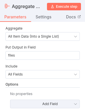 Screenshot of the Aggregate node configured with ‘Aggregate’ Property set to ‘All item Data (Into a Single List)’. The ‘Put Output in Field’ Property defines the output array ‘files’.