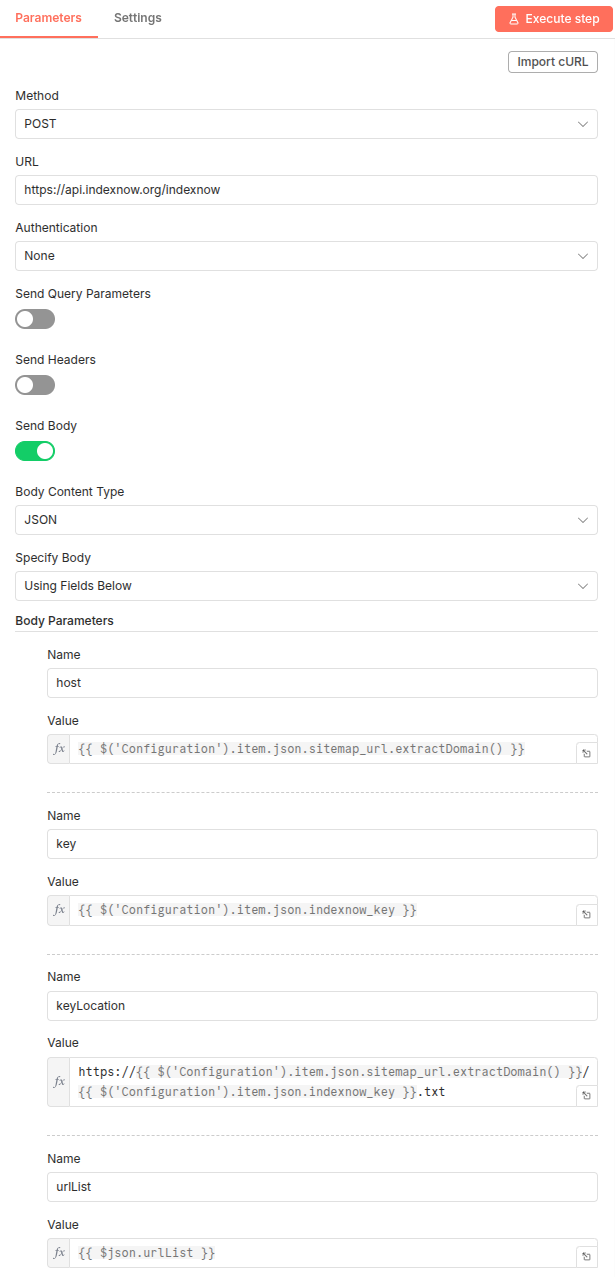 n8n HTTP Request node sending a POST payload to https://api.indexnow.org/indexnow.