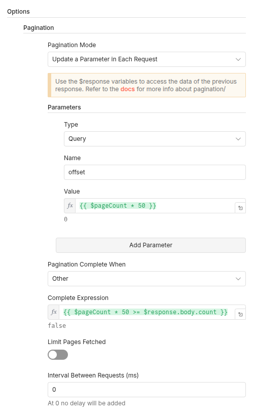 Detailed view of the n8n HTTP Request node pagination settings showing the limit and offset configuration for the Brevo API.