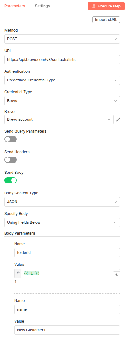 UI showing the node parameters for creating a new list in Brevo via n8n.