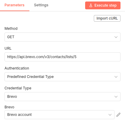 HTTP Request node showing a dynamic URL path variable for a specific Brevo list ID.