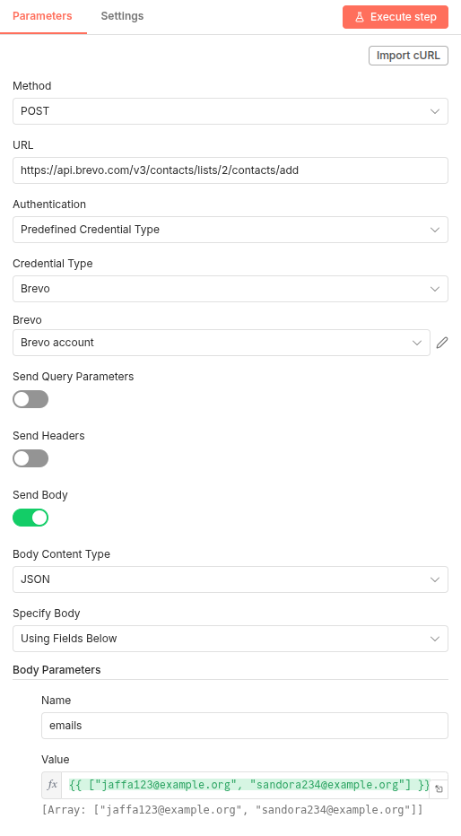 JSON payload configuration for adding an array of contact identifiers to a Brevo list.