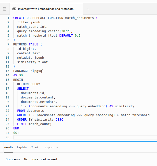 SQL code in Supabase editor defining the pgvector similarity search function with required n8n parameters.