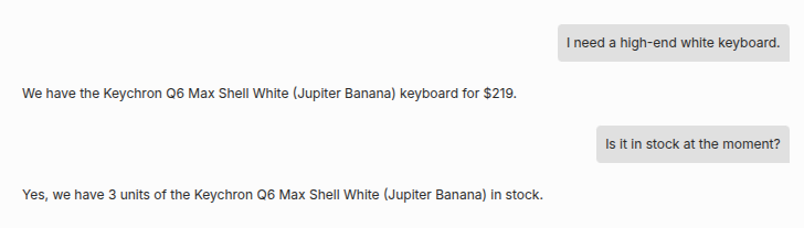n8n chat interface screenshot showing a successful multi-turn product inquiry using vector retrieval.