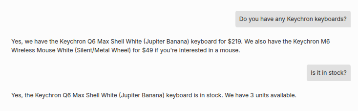 n8n chat interface demonstrating the use of memory to answer follow-up questions about product stock.