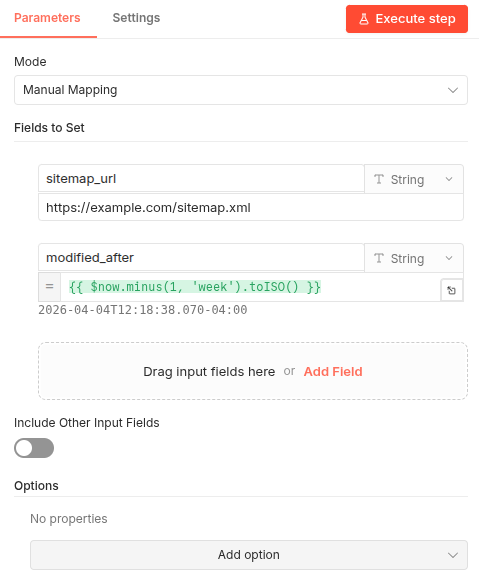 Screenshot of the n8n ‘Configuration’ node settings showing the sitemap URL string and the dynamic ‘modified_after’ expression using JavaScript for date calculation.