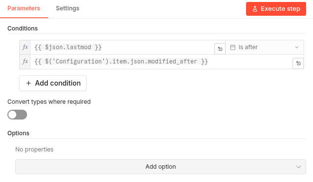 Screenshot of the n8n Filter node configuration comparing the sitemap ’lastmod’ date with the ‘modified_after’ variable using an ‘after’ date operator.