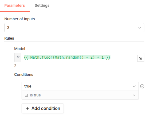 The configuration panel of the n8n Model Selector node showing the random index expression in the rules section.