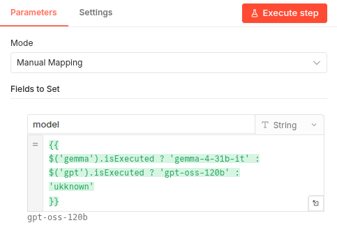 n8n Set node utilizing the isExecuted property to determine the active AI model.